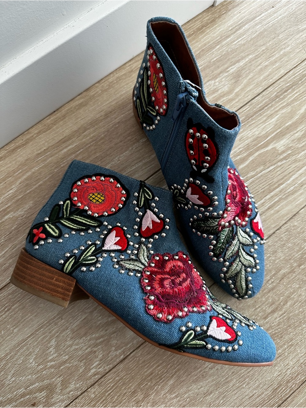 Jeffrey Campbell Floral Embroidered Studded Denim Ankle Boots Size 8.5